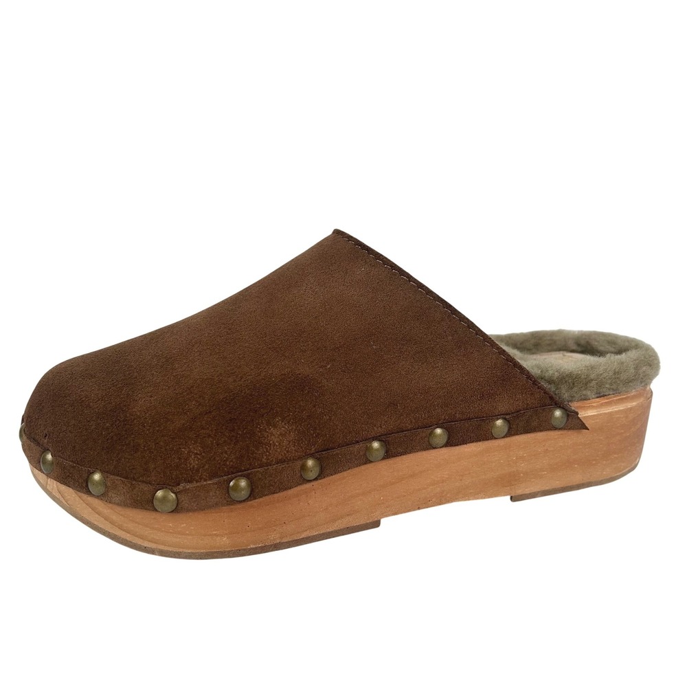 Beek Mallard Women Brown Suede Shearling Studded Platform Clogs Mules Size 9